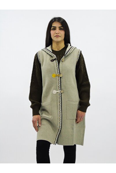 Sementa Etnik Desenli Uzun Yün Triko Yelek Vizon