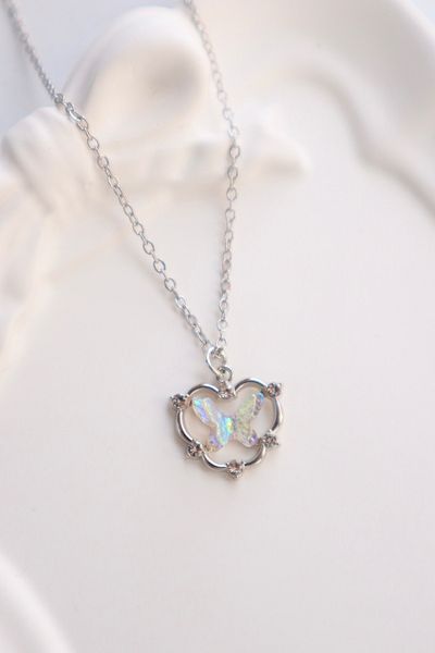 EFBUTİK White Holographic Butterfly Stone Imported Necklace with Silver Color Chain