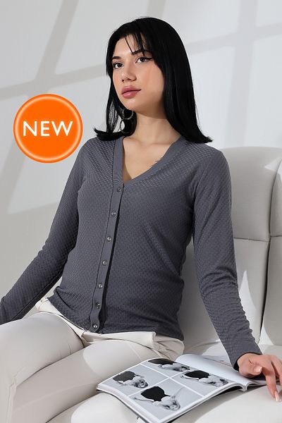 Şiir Smoked Soft Touch Women's Cardigan - Basic Buttoned, Square Jacquard Short Cardigan
