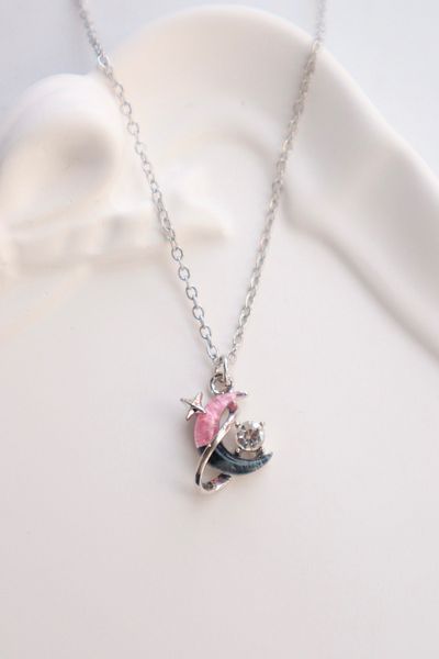 EFBUTİK Pink Black Moon Imported Necklace with Silver Color Chain