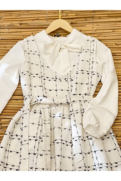 KÜÇÜĞÜM BUTİK Λευκή τουίντ σαλοπέτ και μπλούζα κρεπ - Σετ 2 τεμαχίων (ELBİSE-BLUZ)