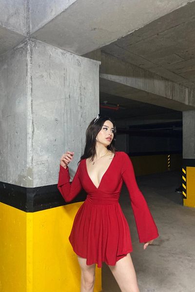TrendyFashion Women's Red V-Neck Shorts Dress