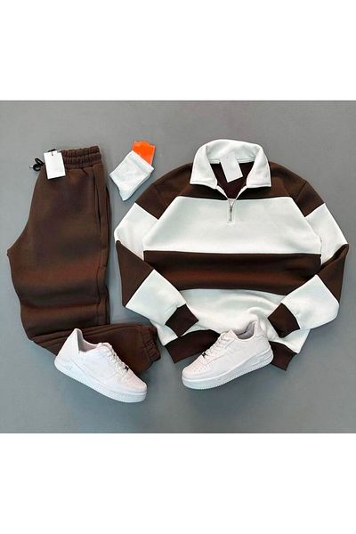 woonkey New Season Unisex Thick Striped Cotton Tracksuit Set - Half Zipper, 3 Thread