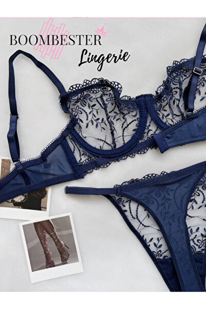 BoomBester Темно-синій бюстгальтер і комплект на кісточках Мереживо з квітковим візерунком Вишивка та альтанка на кісточках