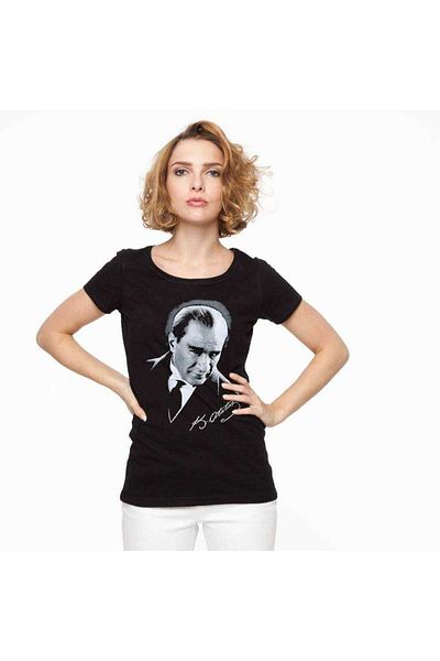Tshirthane Ataturk Portrait T-shirt Women's Black T-shirt