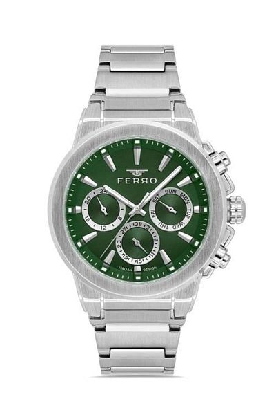 FERRO Silver Color Sport Case Men's Wristwatch with Metal Band