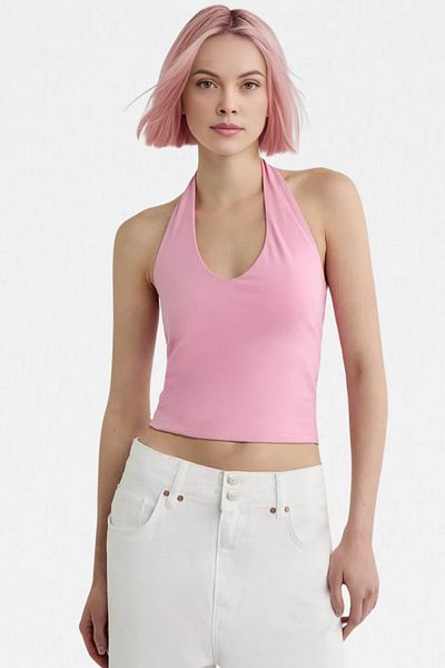 VODENS Ροζ γιακάς Halter 95% βαμβακερό γιακά Halter διπλής στρώσης Crop Top Body