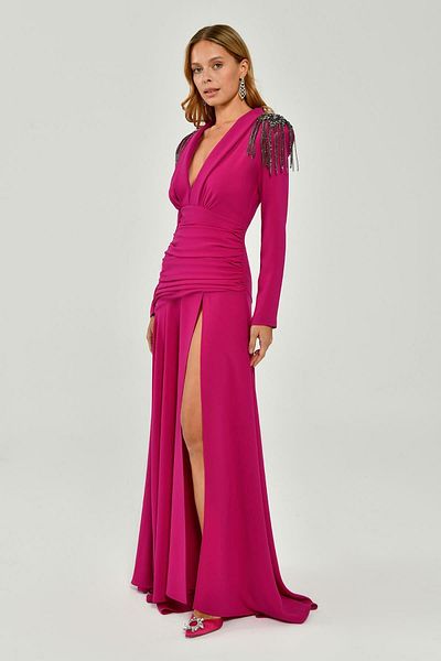 ALFABETA Deep V-neck and Slit Epaulets Long Evening Dress