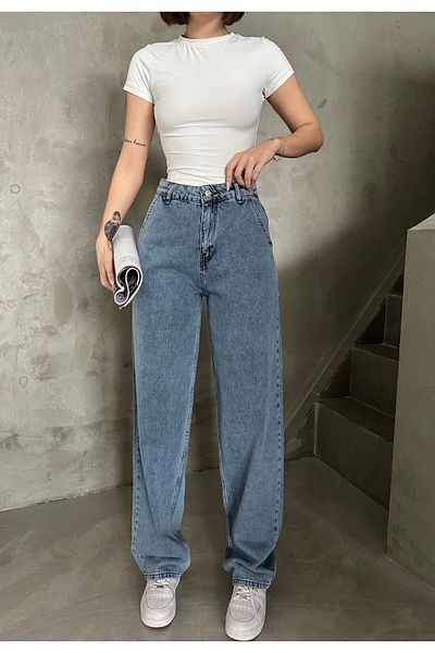 Swet Shop Jeans Дамски син деним с висока талия и кройка Skater - цвят Snow Wash