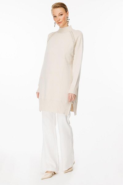 Ghisa Half Turtleneck Knitwear Tunic with Stone Detail on the Shoulders
