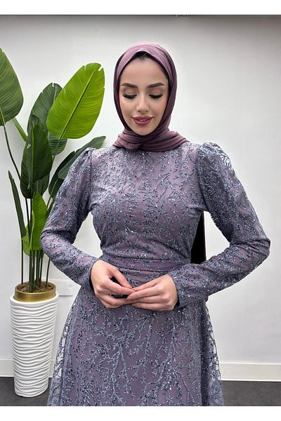 Tesettür Diyarı Lilac Women's Evening Dress - Sequined and Silvery