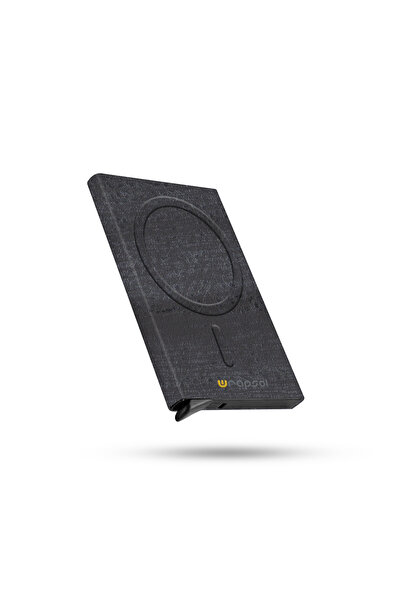 Wrapsol Magsafe Mekanizmalı Kartlık Rfid Korumalı Alüminyum Otomatik Kredi Kartlık Desenli Taş Siyah