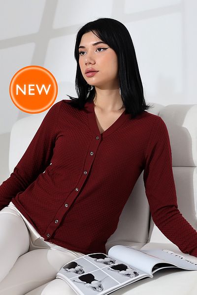 Şiir Claret Red Jacquard Short Cardigan - Women'S, Soft Touch Combed Cotton, Buttoned Square Design