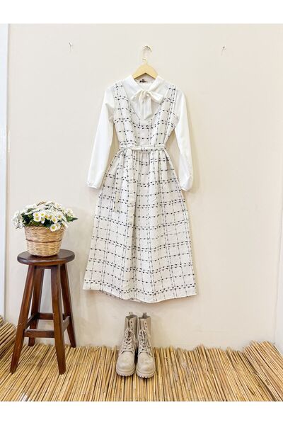 KÜÇÜĞÜM BUTİK Λευκή τουίντ σαλοπέτ και μπλούζα κρεπ - Σετ 2 τεμαχίων (ELBİSE-BLUZ)