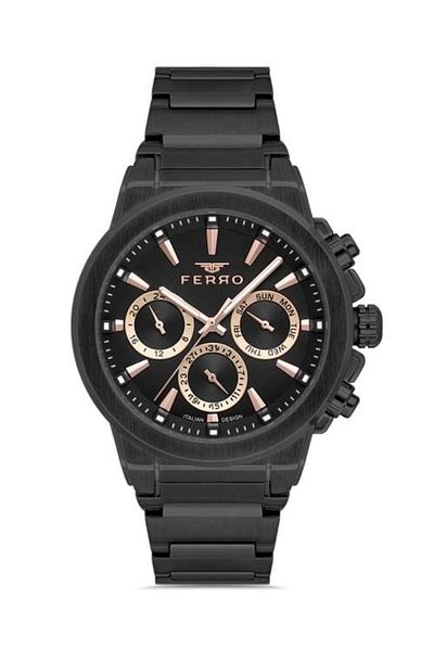 FERRO Black Color Function Sport Case Men's Wristwatch with Metal Band