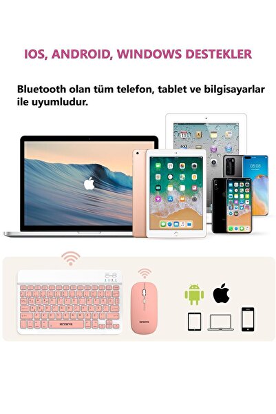 urzuva Tüm Cihazlara Uyumlu Şarj Edilebilir Bluetoothlu Kablosuz Klavye Mouse Set