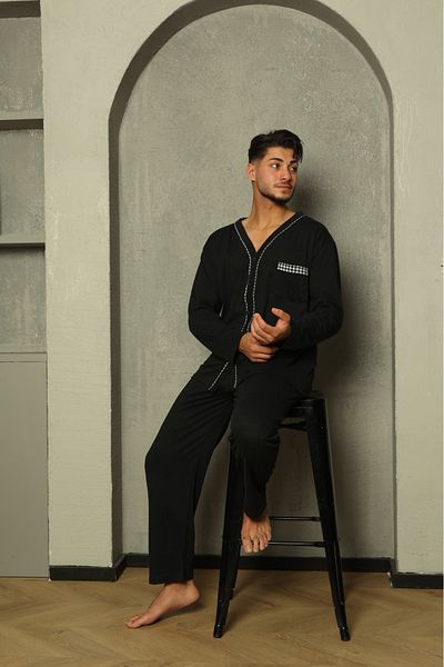 Huq Moda Σετ ανδρικής πιτζάμες Sude Poplin Μαύρη Πιτζάμες με μακρυμάνικο κουμπιά