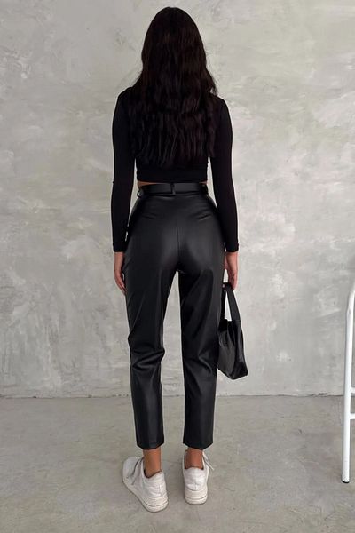 Swana Leather Trousers with Carottain Belt-Black