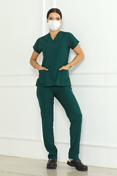 EDİFOR Scrubs Ördek Yeşili Likralı Doktor/ Hemşire Forması Alt Üst Takım Cerr...