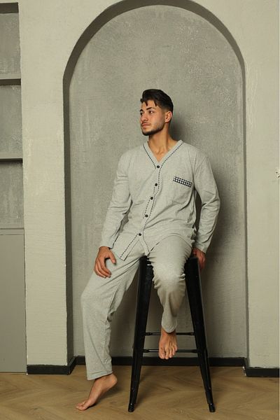 Huq Moda Σετ πιτζάμες Sude ανδρική ποπλίνα γκρι μακρυμάνικη χτενισμένη βαμβακερή πιτζάμες