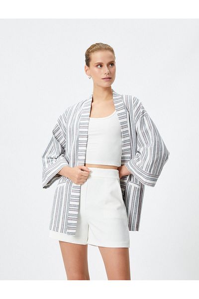 Koton Halbarmiger Kimono aus Leinenmischung mit Taschendetail