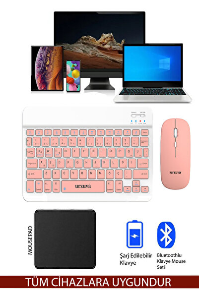 urzuva Tüm Cihazlara Uyumlu Şarj Edilebilir Bluetoothlu Kablosuz Klavye Mouse Set Mousepadli