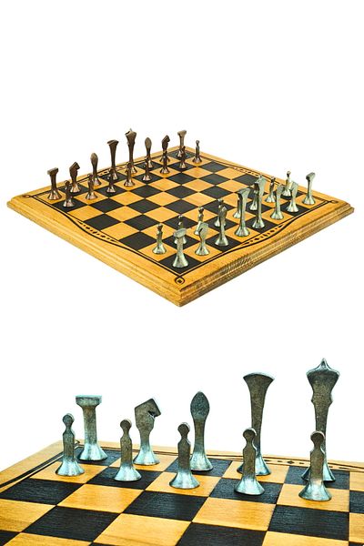 Metalicraft Mc46 Large Size Metal Chess Set 37X37Cm Natural Wood Beech Board - Handmade Antique Metal Stones