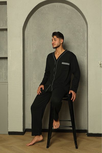 Huq Moda Σετ ανδρικής πιτζάμες Sude Poplin Μαύρη Πιτζάμες με μακρυμάνικο κουμπιά