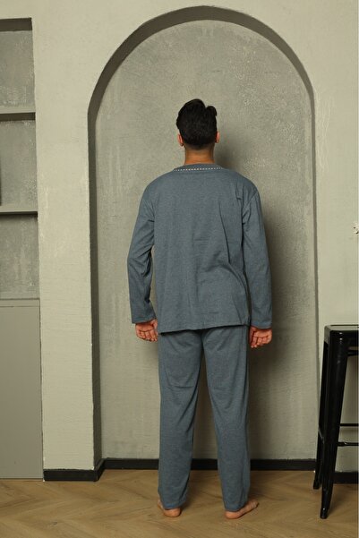 Huq Moda Sude Erkek Poplin Indigo Biyeli Uzun Kollu Boydan Düğmeli Penye Pijama Takımı
