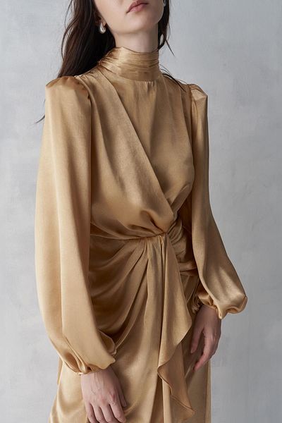 NKL Long Satin Evening Dress - Flounced Front Dress