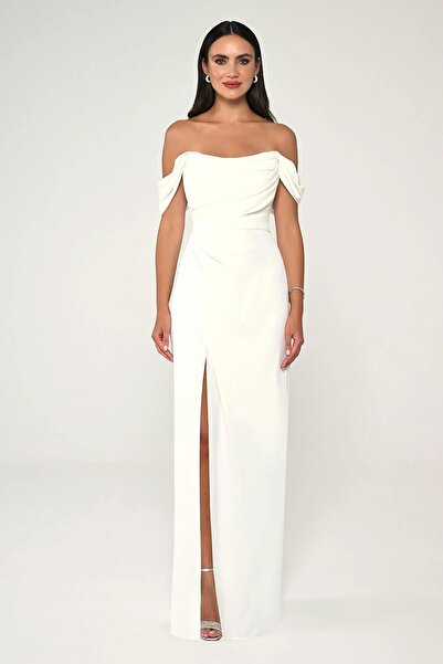 ALFABETA Düşük Omuz Yandan Yırtmaçlı Krep Uzun Abiye Elbise