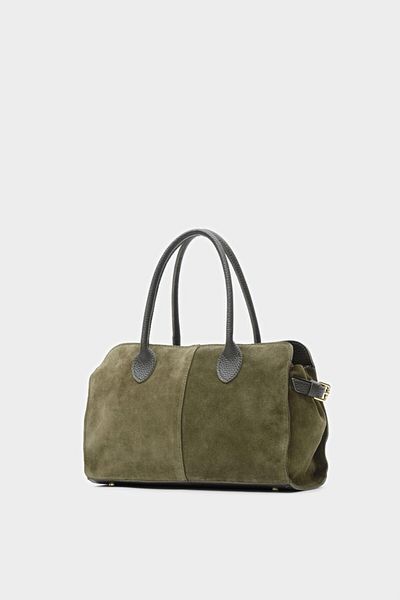 LEONAS Premium Real Leather Suede Double Handle Zippered Women's Hand and Shoulder Bag Morton Khaki