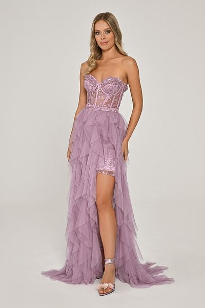 ALFABETA Strapless Long Tulle Skirt Transparent Waist Evening Dress