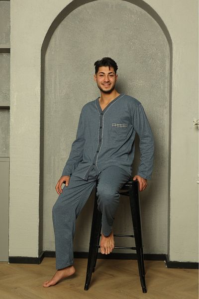 Huq Moda Σετ πιτζάμες Sude ανδρική ποπλίνα Indigo με μακρυμάνικο χτενισμένο βαμβακερό σετ πιτζάμες