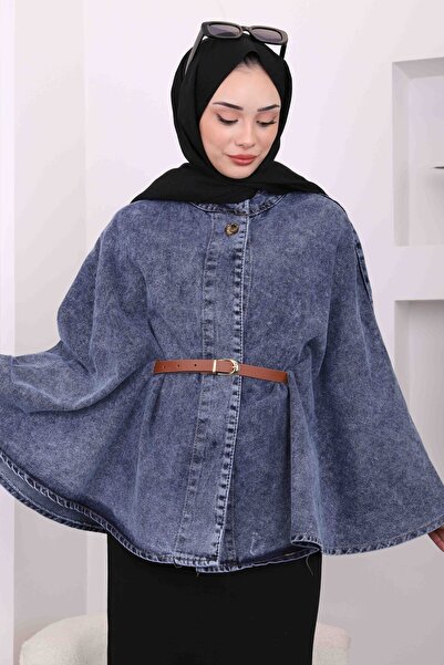 İmajButik Plavi pončo od teksasa sa pojasom