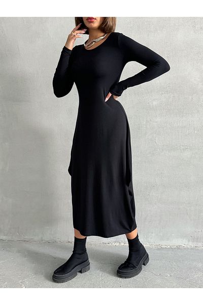 Look Forward Rochie neagră de damă, cu decolteu rotund, cu mânecă lungă, din viscoză