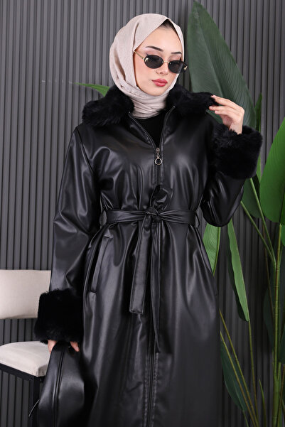 İmajButik Black Sleeve Collar Sheepskin Leather Coat