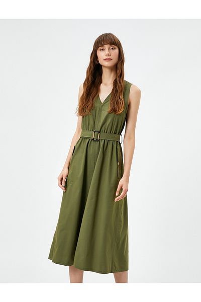 Koton Midi Dress V-Neck Belted Pocket Thick Straps
