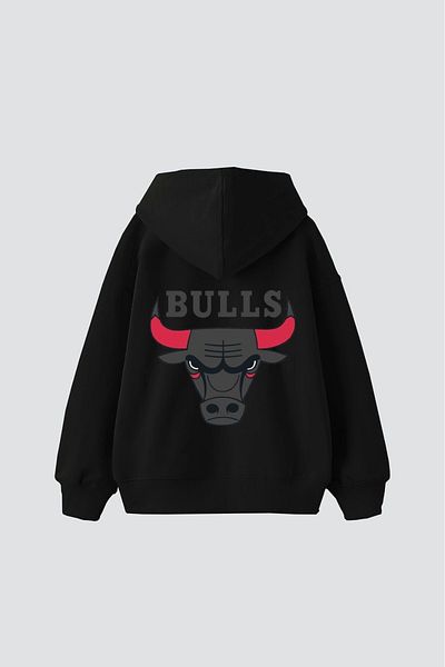 Sekizbiraltı Bulls Printed Oversize Unisex Μαύρο φούτερ με κουκούλα