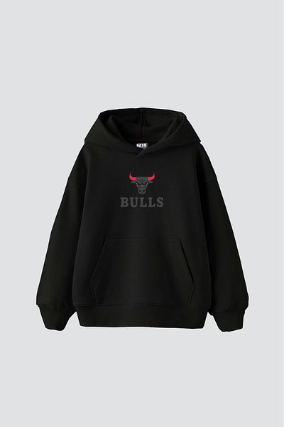 Sekizbiraltı Bulls Printed Oversize Unisex Μαύρο φούτερ με κουκούλα