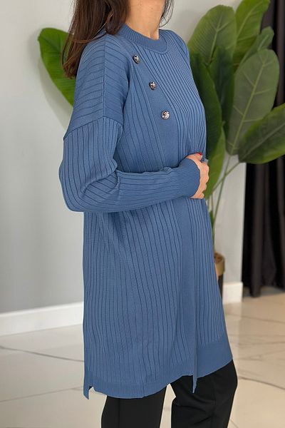 REMSA Ribbed Knitwear Tunic - Button Detail, 35044 Indigo