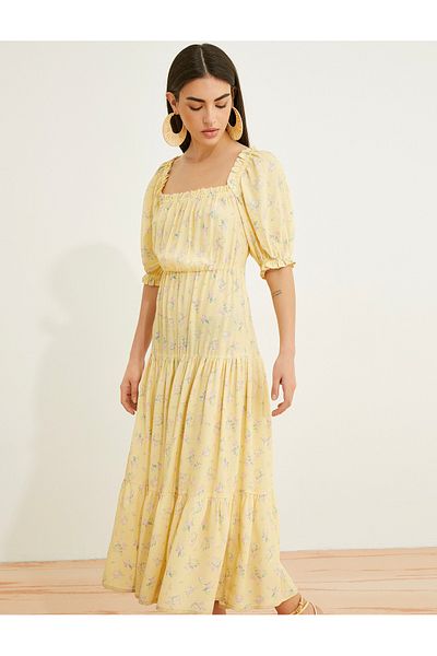Koton Viskose-Midikleid mit eckigem Ausschnitt und kurzen Ballonärmeln