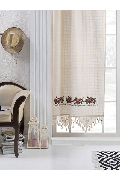 PAZARSEN Denbu Red Cross Stitched Linen Curtain - Lace Hand and Buldan Handwork