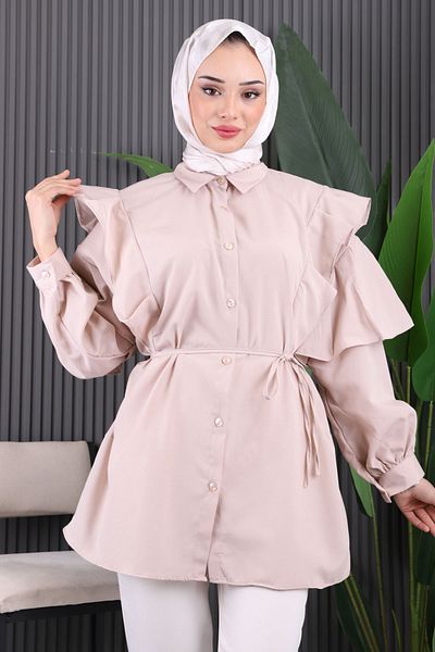 İmajButik Stone Waist Belted Sleeve Ruffle Tunic