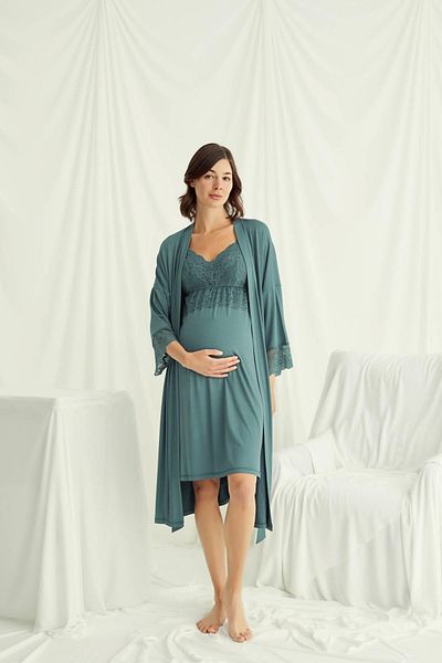 MONAMİSE Green Maternity Nursing Featured Nightgown Dressing Gown Set