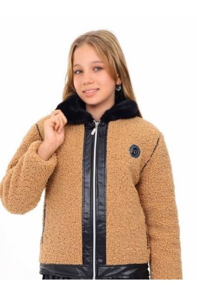 STYLENEST Kız Çocuk Pelüş Deri Detaylı  Yakası Kürklü Fermuarlı  Mont Ceket
