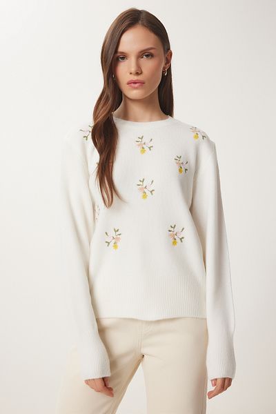 Lovelyİstanbul Soft Knitwear Sweater - Floral Embroidery, Bone Llu0009