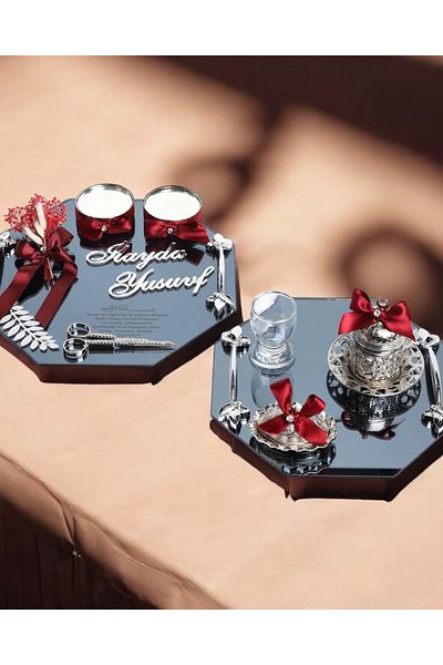 CyzHome Affinity Octagonal - Silver Engagement and Coffee Cup Tray, Red