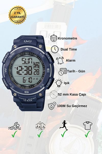 Q&Q Silicone Band Men's Wrist Watch with Digital Stopwatch Calendar