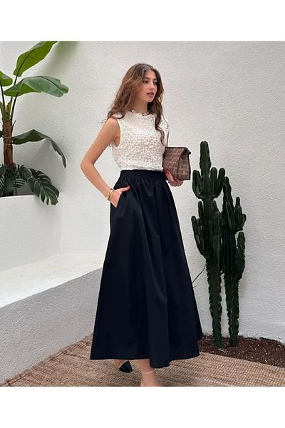 HC Boutique Langer Rock aus Popeline-Stoff – Filet mit Taschen und ohne Futter